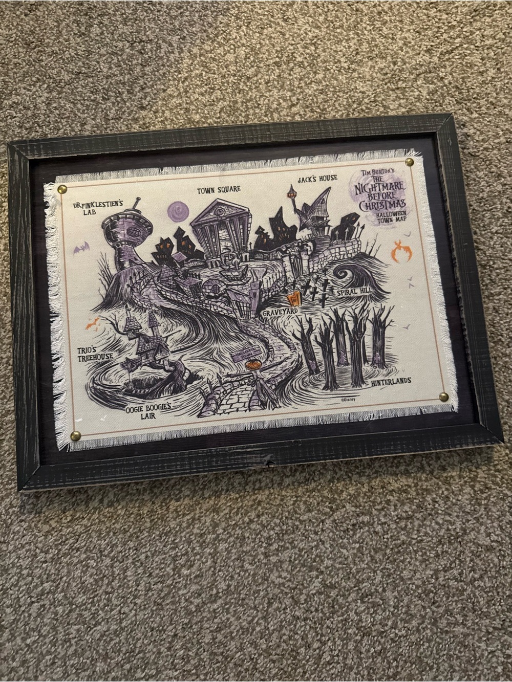 The Nightmare Before Christmas Map Art Print - Black & Purple Framed Wall Art
